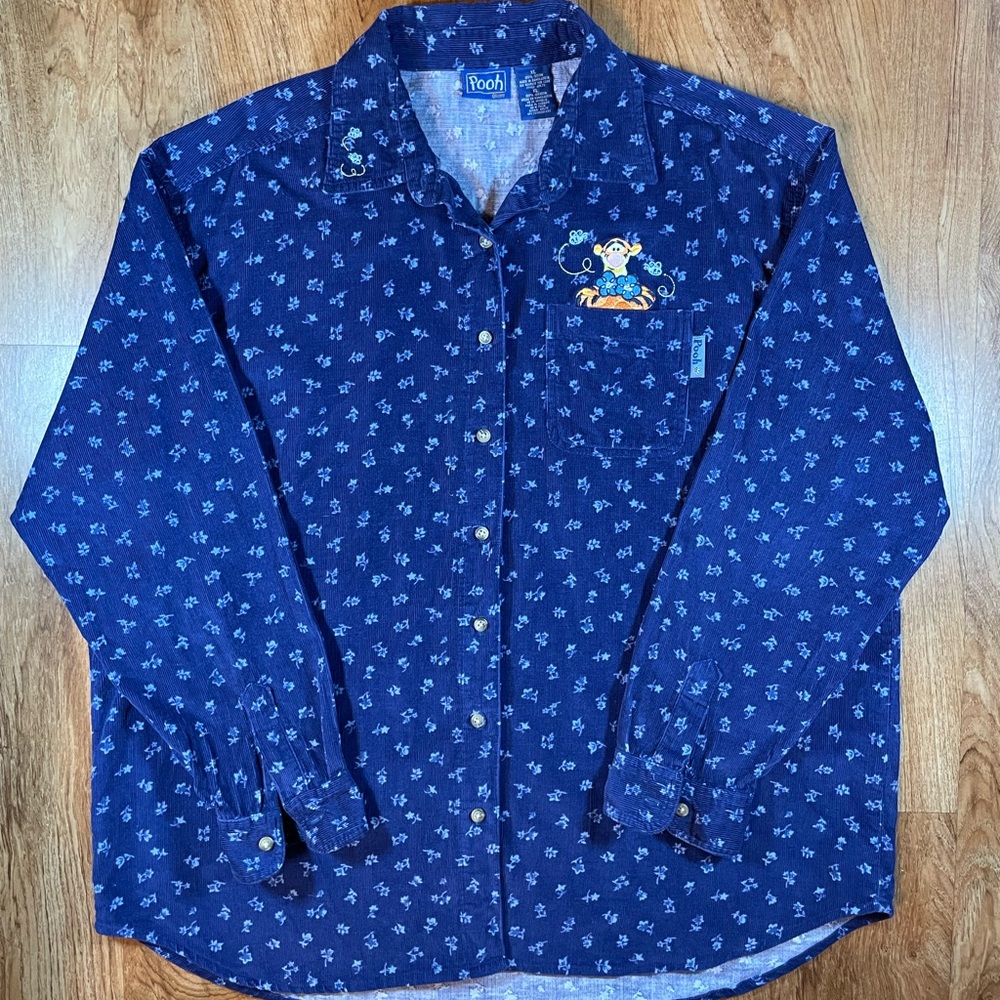 Women’s Navy Corduroy Winnie the Pooh Tigger Buttoned Down Shirt Size XL Disney